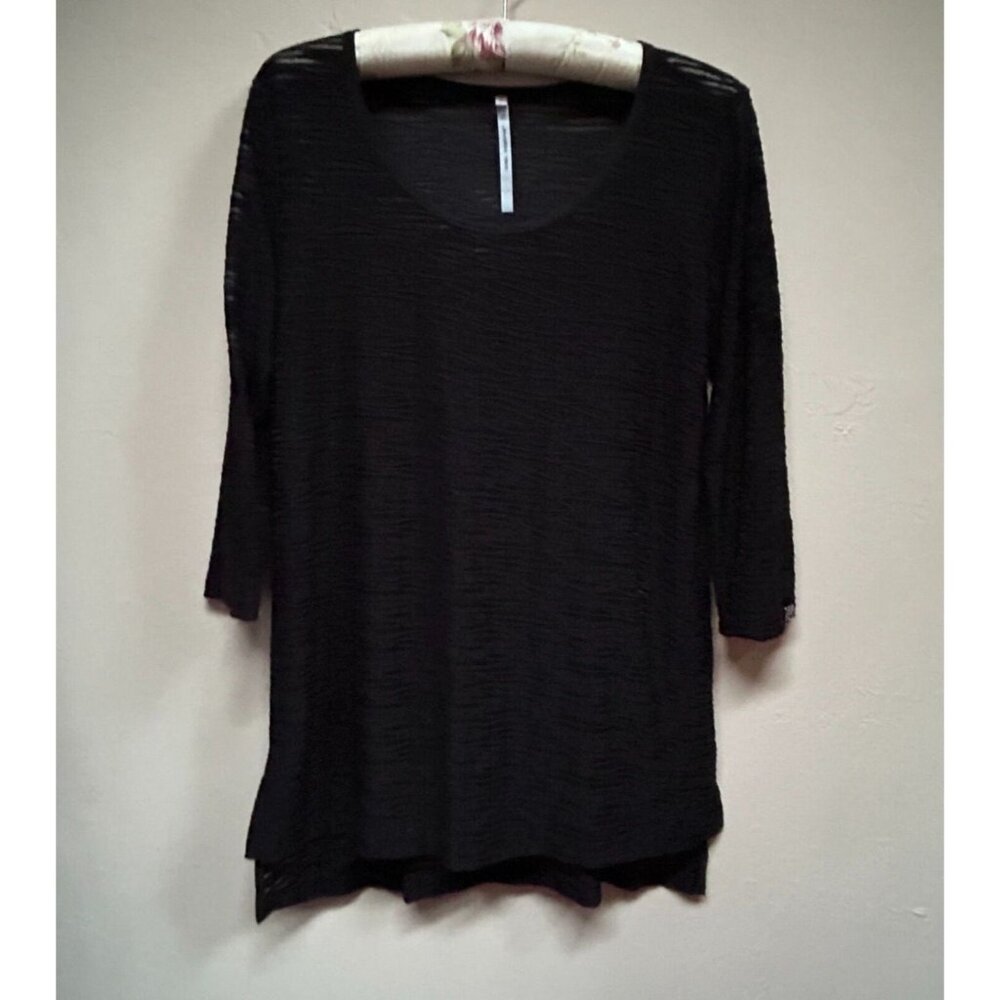 Cop. Copine Top Womens Large Black Scoop Neck Knit Semi-Sheer 3/4 Sleeve Tunic